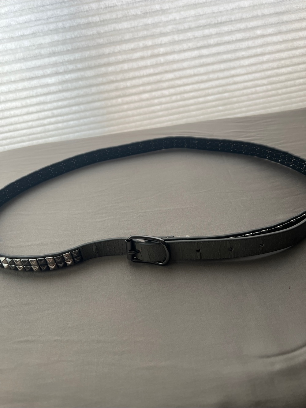 DKNY Black Gun Metal Grey Slim Belt with Pyramid Stud Detailing 32-36" Waist